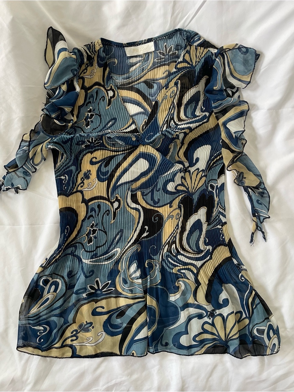 Printed Ruffle Sleeve Tank Top — Blue and Tan Swirl